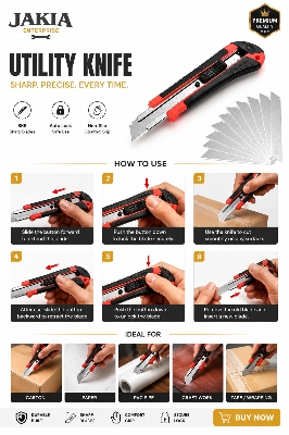 Picture of Premium Utility Knife Cutter with SK5 Sharp Blade | Auto Lock Box Cutter | Heavy Duty Paper, Carton & Craft Cutting Knife - Multicolor