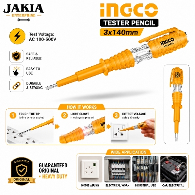 Picture of INGCO Tester Pencil 3x140mm | AC 100-500V Voltage Tester Screwdriver | Electrical Line Tester | Heavy Duty Electric Test Pen - Multicolor