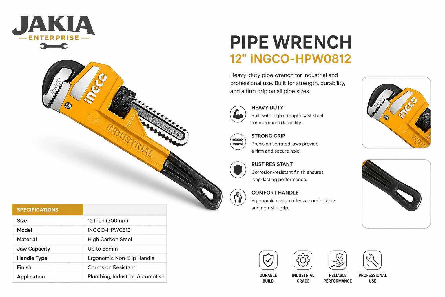Picture of INGCO 12" (300mm) Heavy Duty Pipe Wrench, Cr-Mo Industrial Grade, Max 42mm Jaw Capacity, Drop Forged Carbon Steel, Professional Plumbing Repair Tool - Multicolor