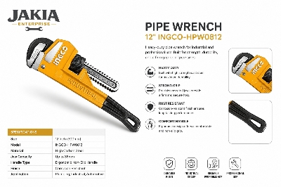 Picture of INGCO 12" (300mm) Heavy Duty Pipe Wrench, Cr-Mo Industrial Grade, Max 42mm Jaw Capacity, Drop Forged Carbon Steel, Professional Plumbing Repair Tool - Multicolor