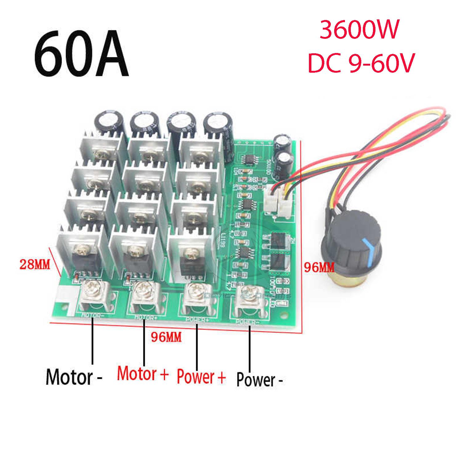 Picture of 60A High Power PWM Speed Controller / DC Dimer With Switch 9V to 60V For DC Motor or High Power LED (Multicolor)