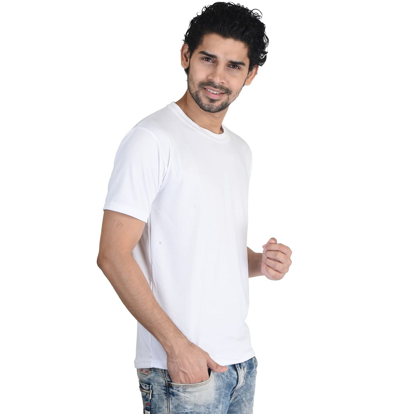 Picture of Hawai Dot Net Dry Fit Sweat Free Lycra Sports Half Sleeve - Regular Fit White T-Shirt for Men Boys