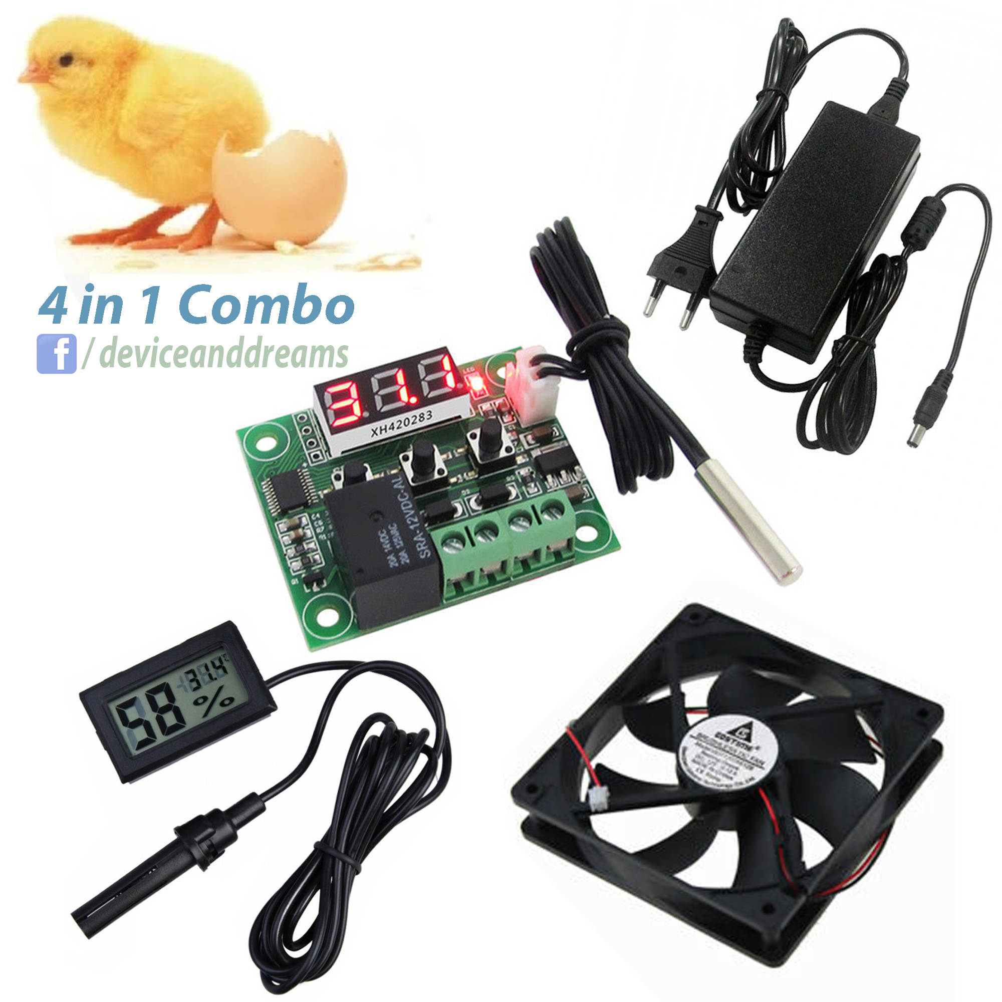 Picture of W1209 + Hygrometer + DC 12V Cooling Fan 4 inch + 12V 5A Adapter Mini Egg Incubator Combo Package for Egg Incubator System XH-M452 XM-18 HTC-2 (0.2)