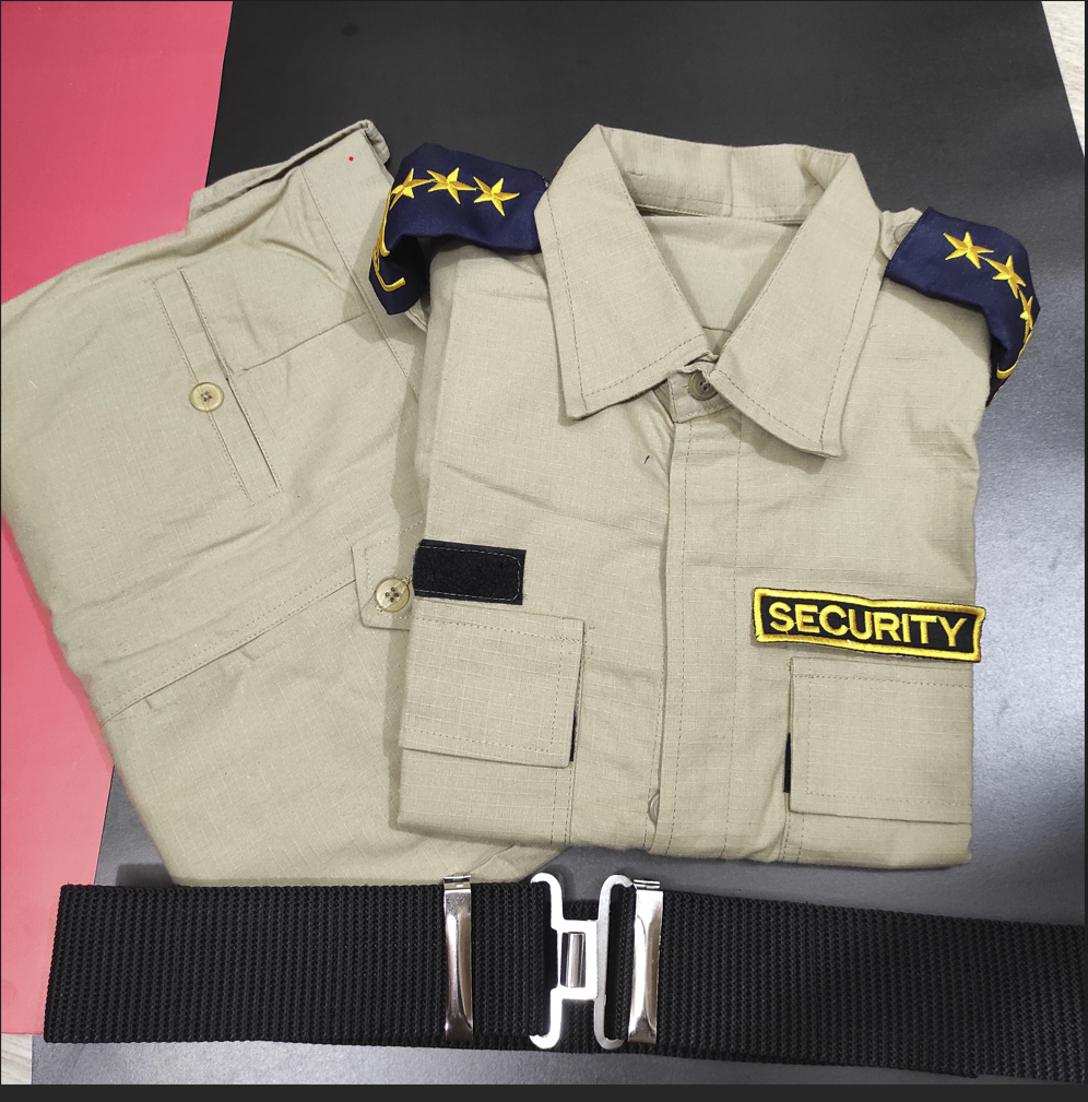 Picture of security guard uniforms - security guard dress - security uniform khaki shirt pant belt cap bach full set