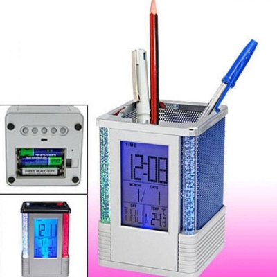 Picture of Digital Pen Holder led pen holder pen stand with clock Grey 