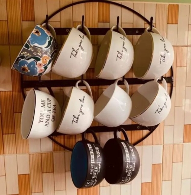 Picture of Cutlery Kitchen Rack Wall Mounted Cup Holder Storage Mug Hooks Display Organizer for Jars, Tea Cups, Coffee Mugs and More Black 