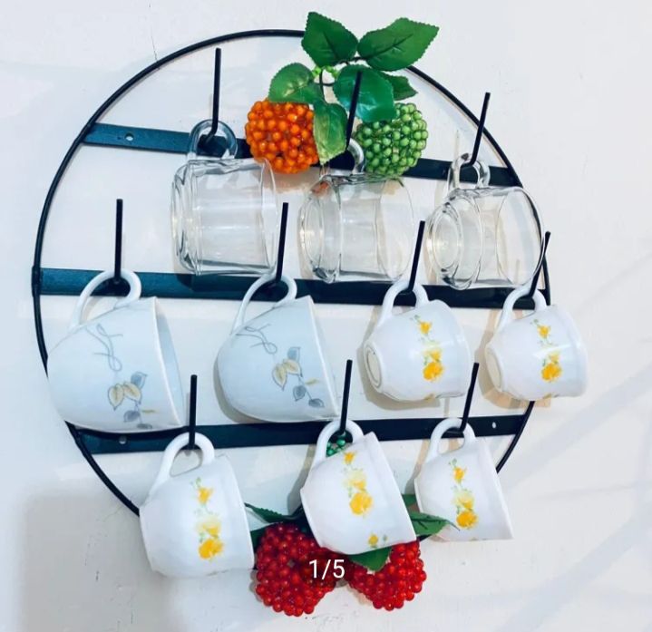 Picture of Cutlery Kitchen Rack Wall Mounted Cup Holder Storage Mug Hooks Display Organizer for Jars, Tea Cups, Coffee Mugs and More Black 