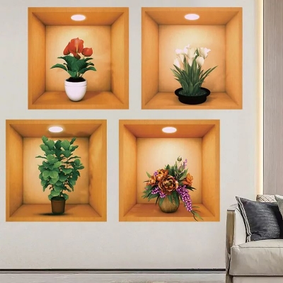 Picture of 2pcs Potted Plant Illustration Decoration Sticker Wall Sticker Self-Adhesive PVC Living Room Wall Pediments Plant Multicolor 