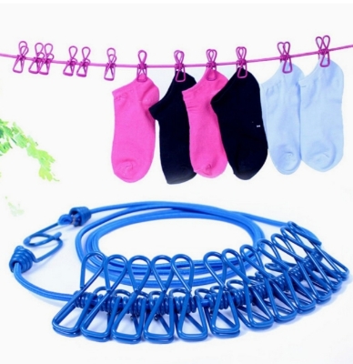 Picture of Elastic Cloth Hanging Rope Cloth Drying Outdoor Travel Portable 12 Clips 2 Hooks Multicolor 
