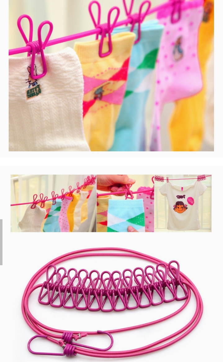 Picture of Elastic Cloth Hanging Rope Cloth Drying Outdoor Travel Portable 12 Clips 2 Hooks Multicolor 