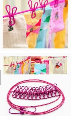 Picture of Elastic Cloth Hanging Rope Cloth Drying Outdoor Travel Portable 12 Clips 2 Hooks Multicolor 