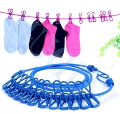 Picture of Elastic Cloth Hanging Rope Cloth Drying Outdoor Travel Portable 12 Clips 2 Hooks Multicolor 