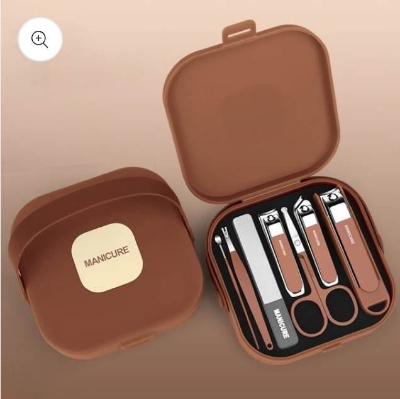 Picture of Stainless Steel Nail Clipper Set with Grooming Tools, Non-Slip Handles, Personal Care Nail Cutter Kit With Portable Case for Men & Women (Brown)  