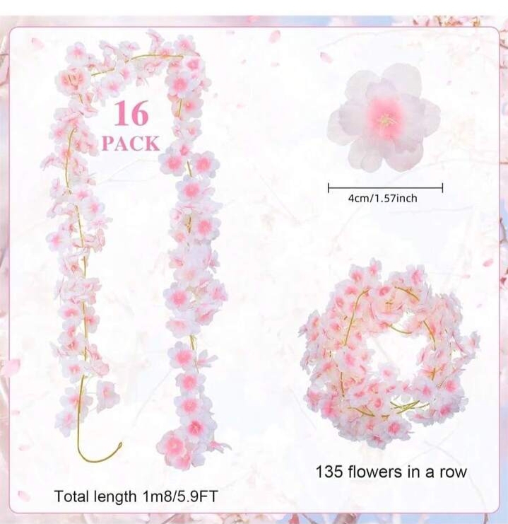 Picture of 1pcs Artificial Cherry Blossom Flower Vines Artificial Flowers for Outdoors Hanging Silk Flowers Garland for Pink 