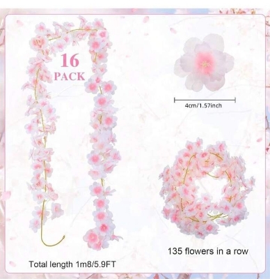 Picture of 1pcs Artificial Cherry Blossom Flower Vines Artificial Flowers for Outdoors Hanging Silk Flowers Garland for Pink 