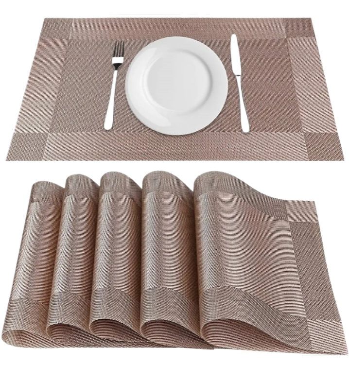 Picture of 4 Pcs Table Mats PVC Placemats Heat-Resistant Placemat for Dining Table Woven Vinyl Stain Resistant Table Mats Easy to Clean Coffee 