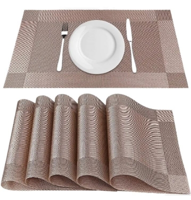 Picture of 4 Pcs Table Mats PVC Placemats Heat-Resistant Placemat for Dining Table Woven Vinyl Stain Resistant Table Mats Easy to Clean Coffee 