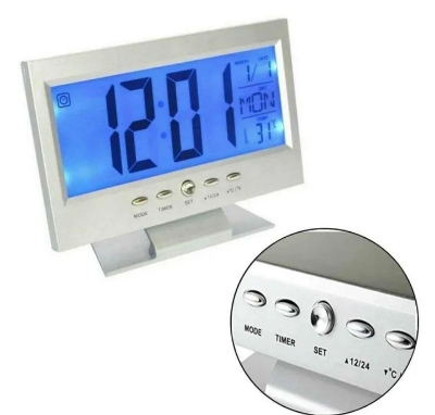 Picture of Sound Sensor Light Up LCD Digital Table Clock + Calendar Temperature Alarm Sound Control Backlight Digital LCD Alarm Clock with Date/Temperature  