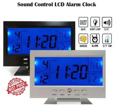 Picture of Sound Sensor Light Up LCD Digital Table Clock + Calendar Temperature Alarm Sound Control Backlight Digital LCD Alarm Clock with Date/Temperature  
