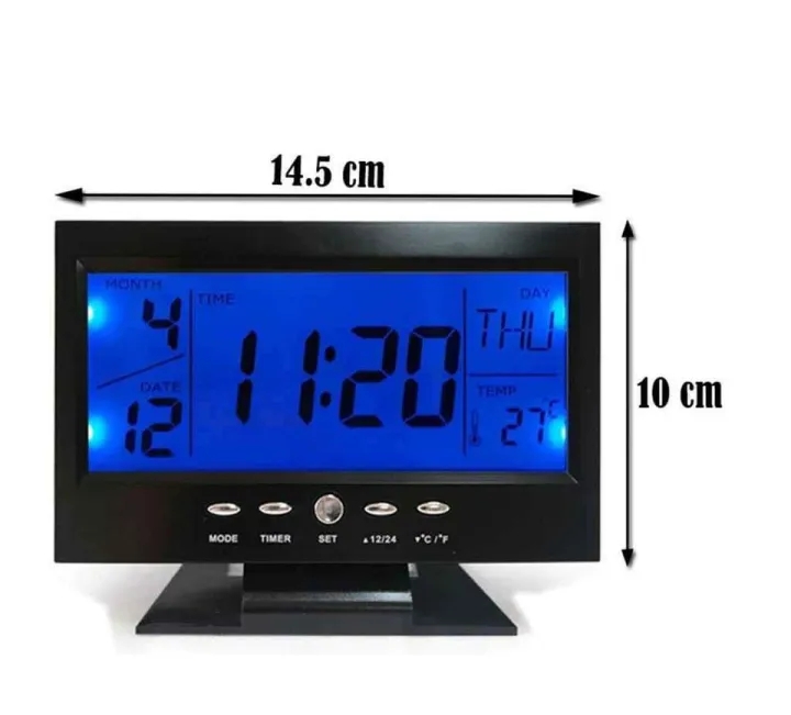 Picture of Sound Sensor Light Up LCD Digital Table Clock + Calendar Temperature Alarm Sound Control Backlight Digital LCD Alarm Clock with Date/Temperature  