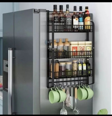 Picture of Refrigerator Hanging Rack Refrigerator Side Hanger Punch Free Fridge Hanging Rack Shelf Side Storage for Spice Seasoning & Kitchen Utensils Fridge Organisers Black 