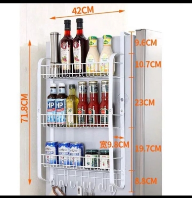Picture of Refrigerator Hanging Rack Refrigerator Side Hanger Punch Free Fridge Hanging Rack Shelf Side Storage for Spice Seasoning & Kitchen Utensils Fridge Organisers Black 