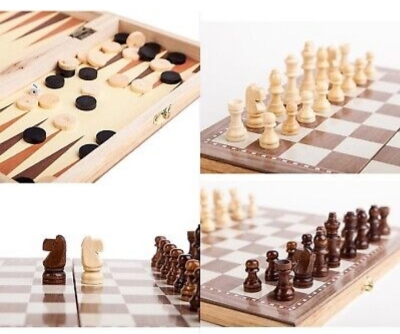 Picture of Folding Wooden Chess Set 3 in 1 Game Set - Chess / Checkers / Backgammon with Folding Board and Handcrafted Wooden Piece Brown 