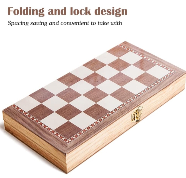 Picture of Folding Wooden Chess Set 3 in 1 Game Set - Chess / Checkers / Backgammon with Folding Board and Handcrafted Wooden Piece Brown 