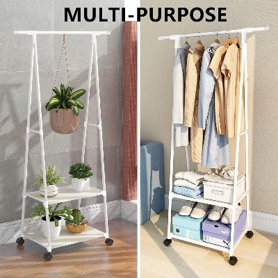 Picture of Modern Stainless Steel Clothes Hanger Rack with Wheels for Bedroom and Living Room Furniture Black 