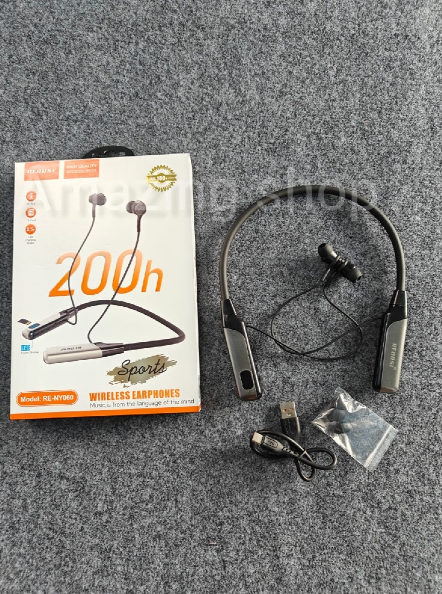Picture of Recrsi Heavy Bass Neckband [-200 ঘন্টা চার্জিং ব্যাকআপ] RE-NY060 Wireless Bluetooth Neckband Digital Display Long Battery fast charging support By Exotic