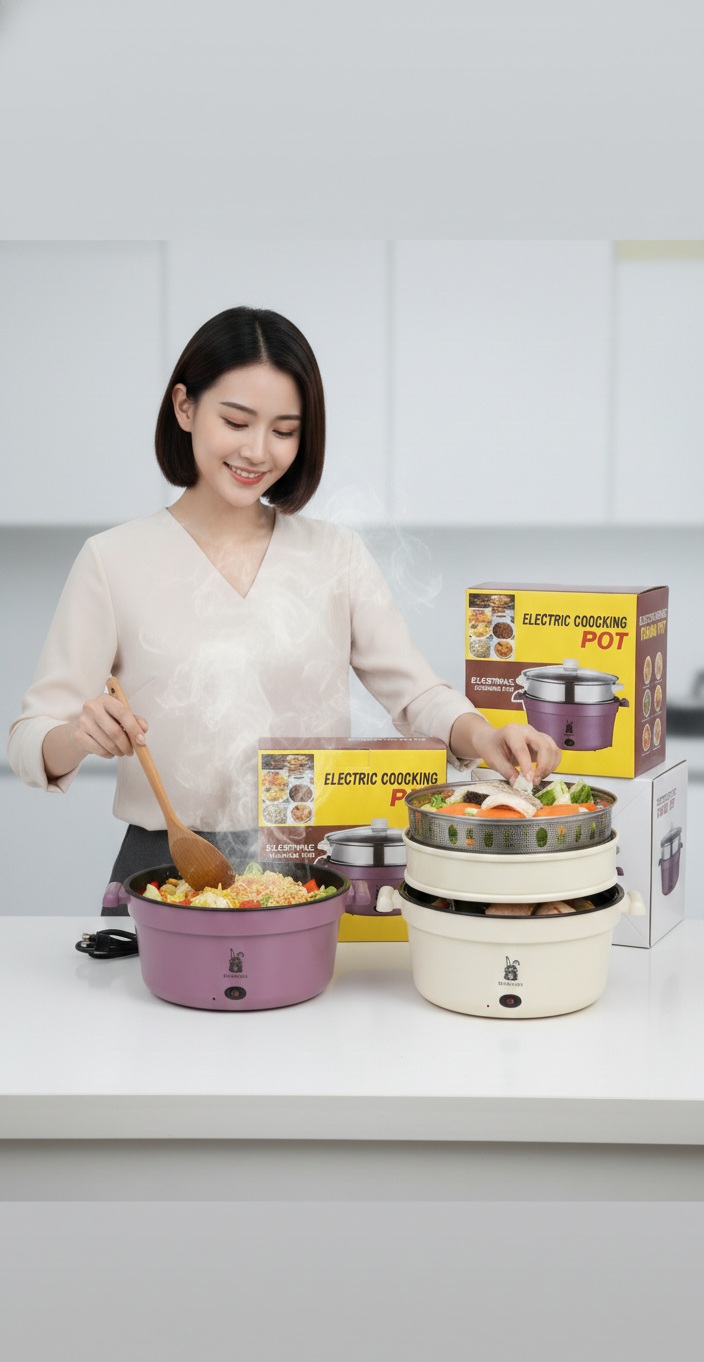 Picture of Electric Cooking Pot 4.5L Multi-Functional Electric Cooking Pot with Steamer - Non-Stick Hot Pot for Rice, Noodles, Soup and Steaming"