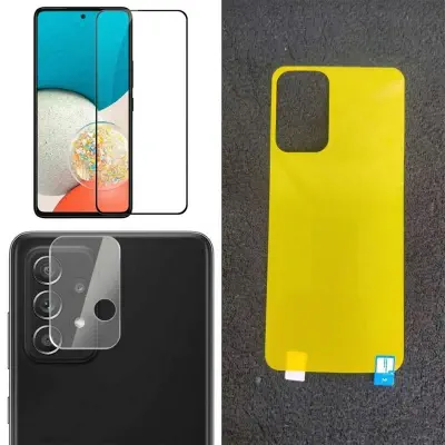 Picture of 3 in one combo pack  for Samsung Galaxy A13 / A23 / A33 / A53 5G / A73 5G Full Cover Tempered Glass Screen Protector + Clear Transparent Scratch Resistant Ultra Thin Back Protector Film + HD Camera Lens Protector Film