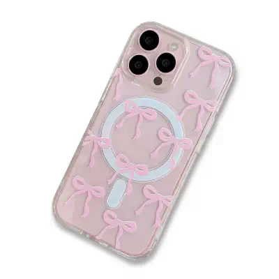 Picture of Magnetic for iPhone 16 Pro Case, Bow Case Compatible with MagSafe, Wireless Slim Clear Ribbon Aesthetic Phone Case Anti-Yellowing Shockproof Protective Cover for Women Girl - Pink