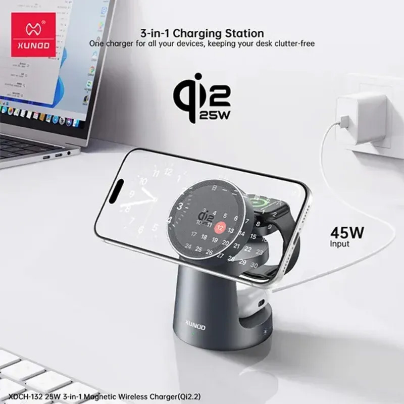 Picture of XUNDD Qi2.2 25W 3-in-1 Magnetic Wireless Charger -  Silver