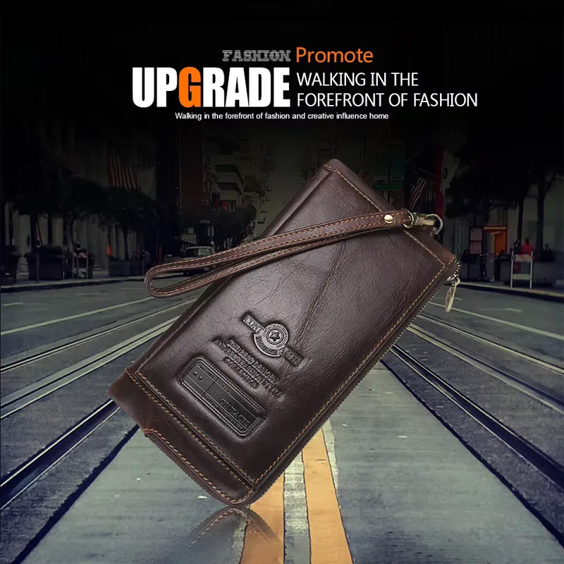 Picture of CONTACT’S Wristlet Bag Genuine Leather RFID Cellphone Wallet Long Purse Zipper - Size-21 CM, Matt Black