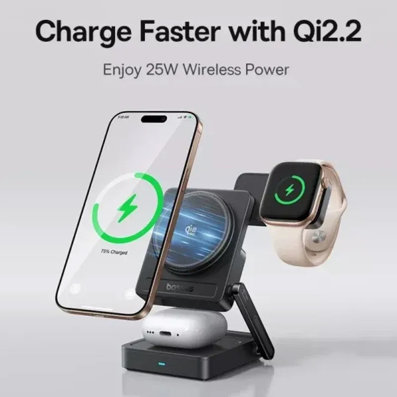 Picture of Baseus PicoGo AF21 3-in-1 Qi2.2 Wireless Charger – 25W Foldable Fast Charging Station - Black