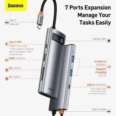 Picture of Baseus StarJoy Type-C Hub 7-in-1 Multifunctional Docking Station -  Silver