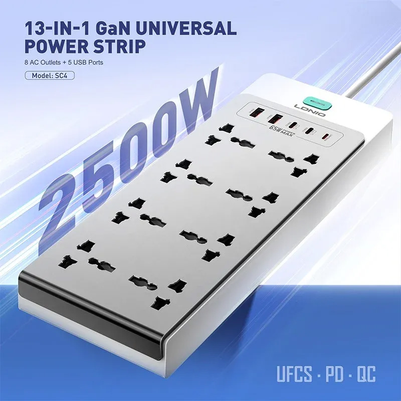 Picture of LDNIO SC4 65W PD GaN Power Strip – 13-in-1 Fast Charging Extension Board for Home, Office, and Travel -  Bright White