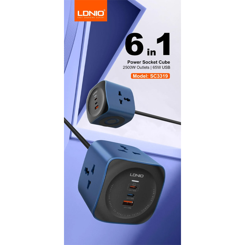 Picture of LDNIO SC3319 6in1 65W Power Socket Cube 2500W Universal Outlet - Black