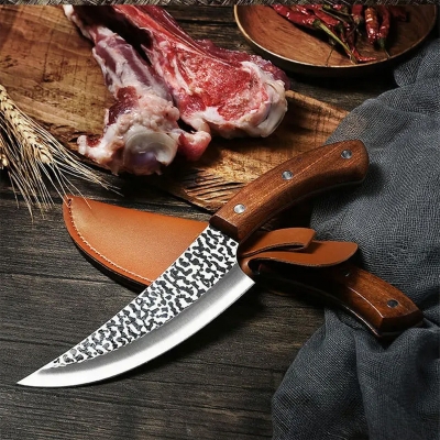 Picture of Premium Hand Forged Butcher Knife with Wooden Grip for Cutting Meat and Veggies with Cover - Black and Silver