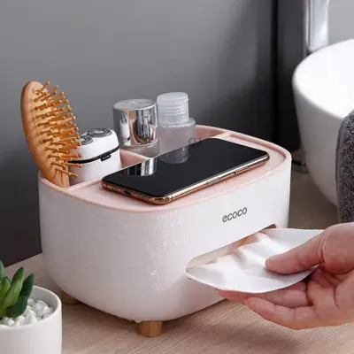 Picture of VETCS Multifunction Rectangular Tissue Box Cover Holder with Storage Napkin Tissue Box Holder,Stationery Remote Control Organizer for Home,Office,Car,Pink,-Multicolor