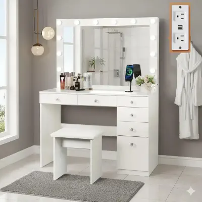 Picture of Luxury Vanity Table with LED Mirror | Dressing Table with Lights | Engineered Board | FurniQ Furniture BD