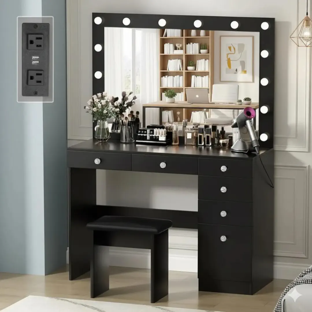 Picture of Luxury Vanity Table with LED Mirror | Dressing Table with Lights | Engineered Board | FurniQ Furniture BD