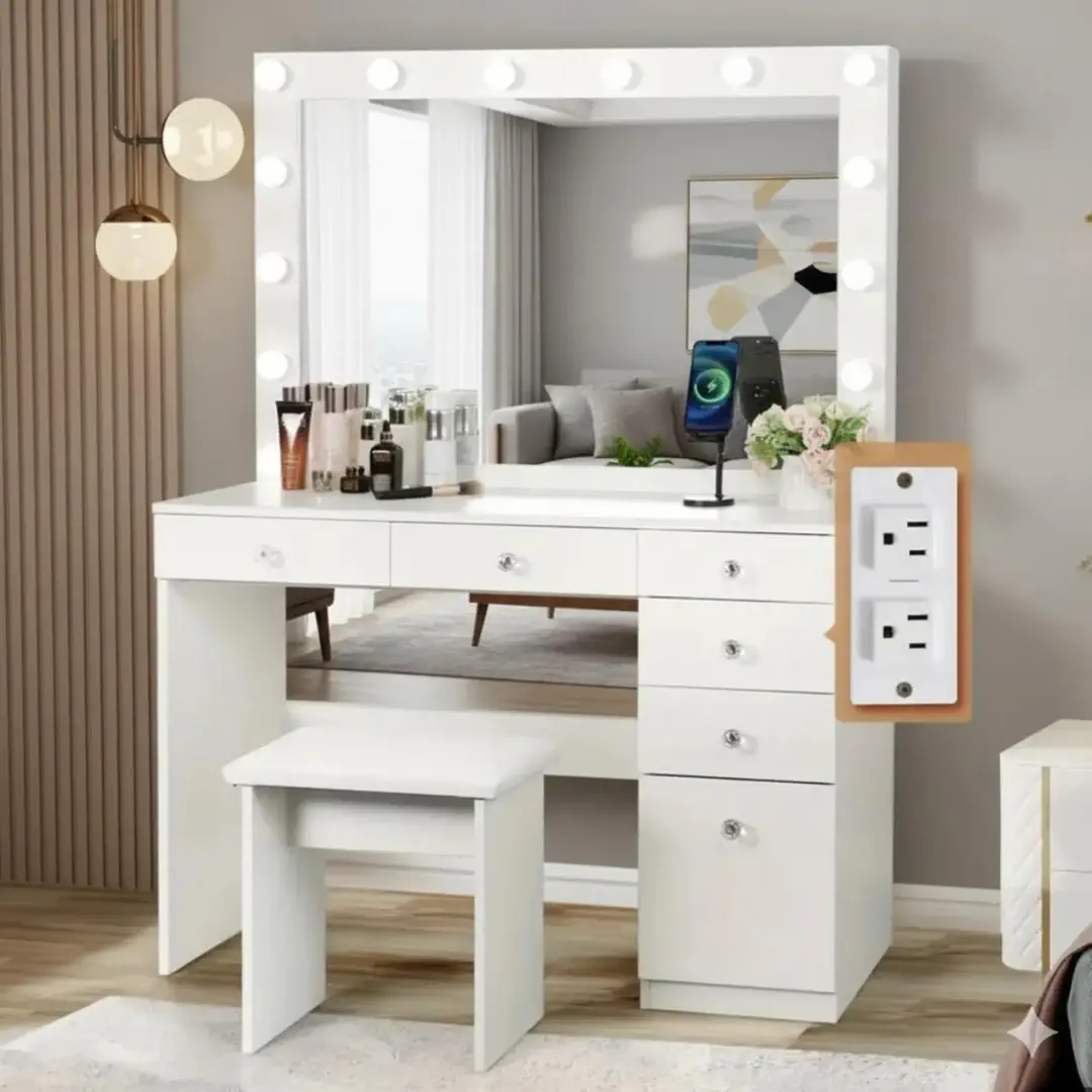 Picture of Luxury Vanity Table with LED Mirror | Dressing Table with Lights | Engineered Board | FurniQ Furniture BD