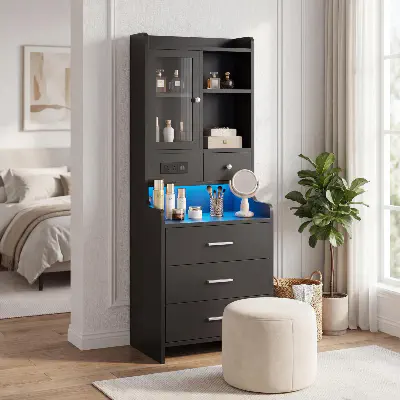 Picture of FurniQ Furniture Modern Vanity Storage Cabinet with Mirror & Hidden Shelves - Premium Melamine Board Corner Dressing Table
