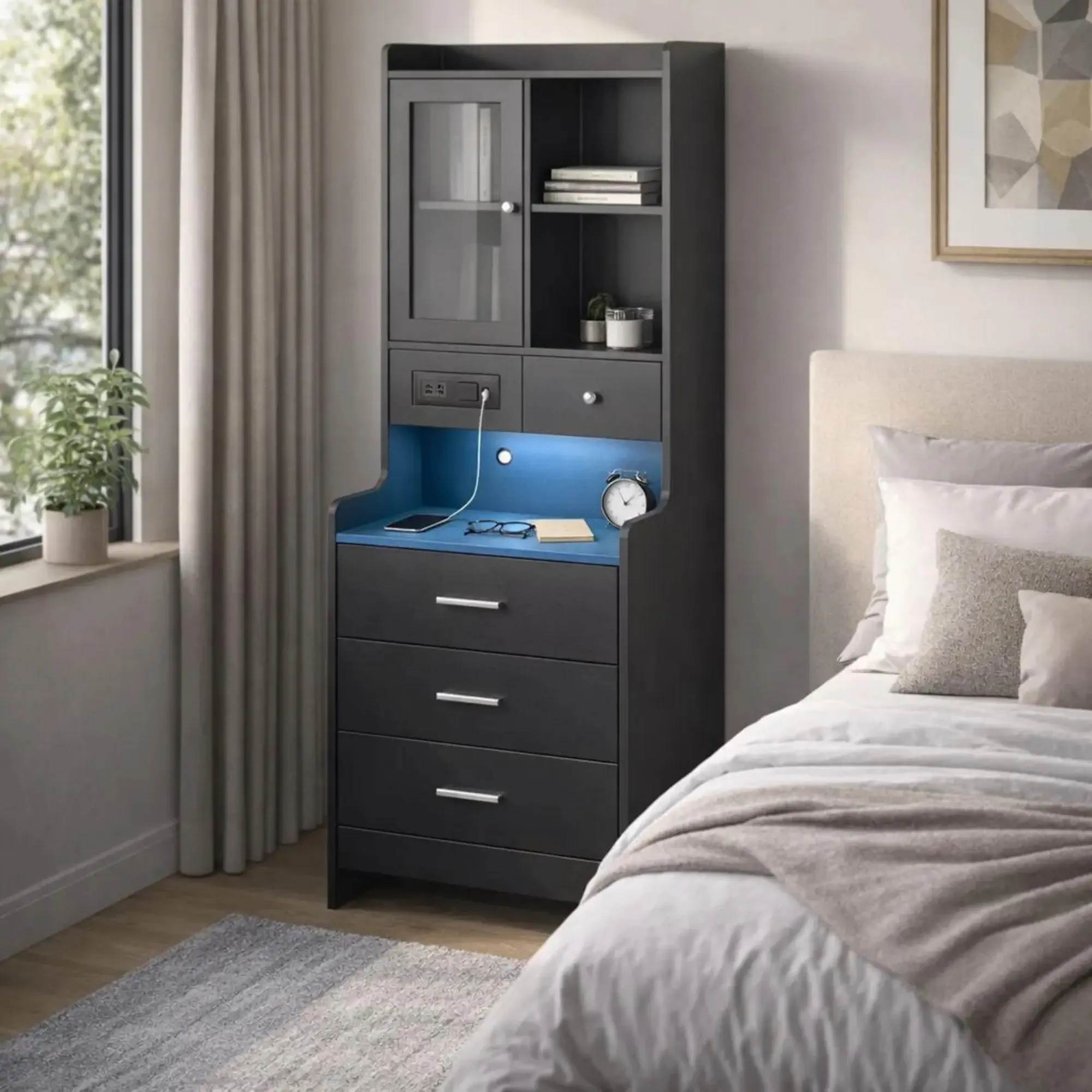 Picture of FurniQ Furniture Modern Vanity Storage Cabinet with Mirror & Hidden Shelves - Premium Melamine Board Corner Dressing Table
