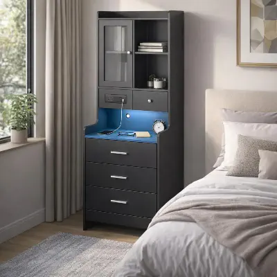 Picture of FurniQ Furniture Modern Vanity Storage Cabinet with Mirror & Hidden Shelves - Premium Melamine Board Corner Dressing Table
