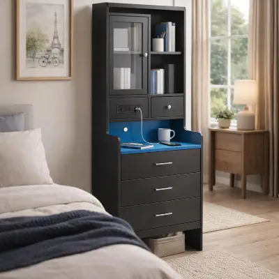 Picture of FurniQ Furniture Modern Vanity Storage Cabinet with Mirror & Hidden Shelves - Premium Melamine Board Corner Dressing Table