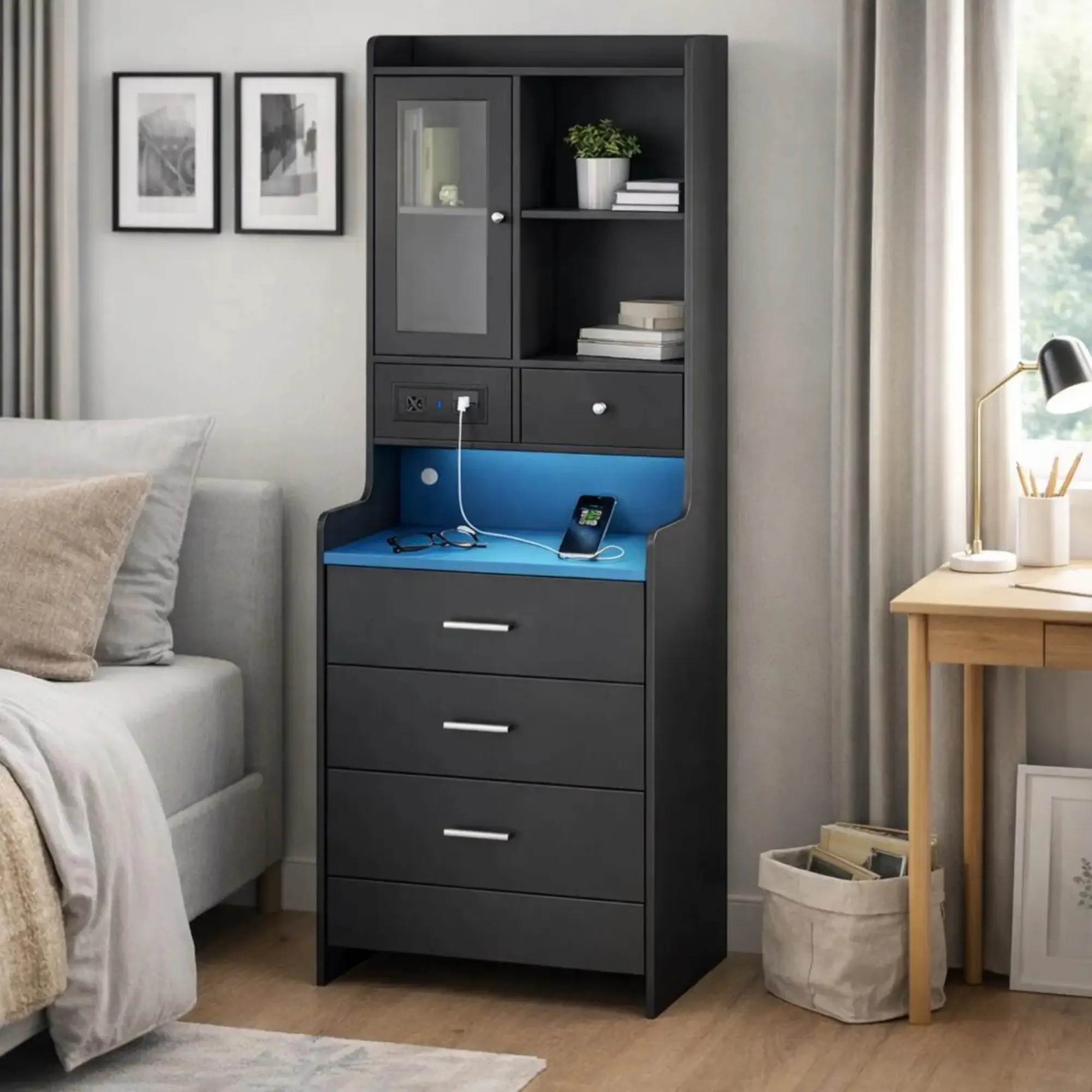 Picture of FurniQ Furniture Modern Vanity Storage Cabinet with Mirror & Hidden Shelves - Premium Melamine Board Corner Dressing Table
