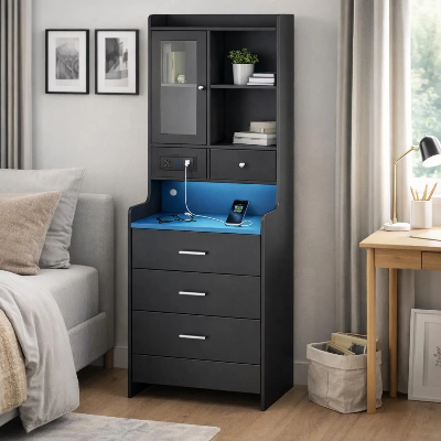 Picture of FurniQ Furniture Modern Vanity Storage Cabinet with Mirror & Hidden Shelves - Premium Melamine Board Corner Dressing Table